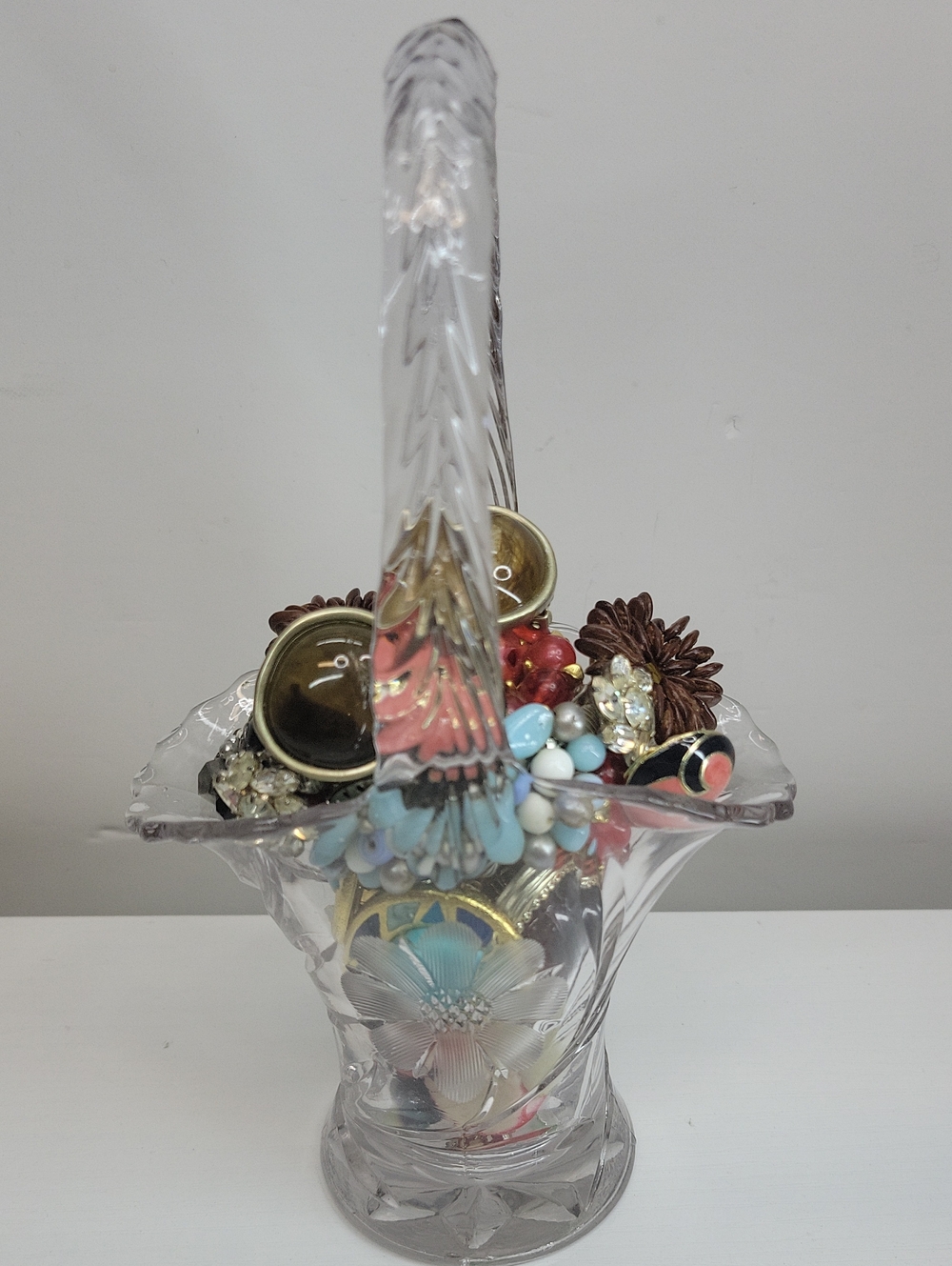 Glass Basket Filled With Clip On  Earrings
